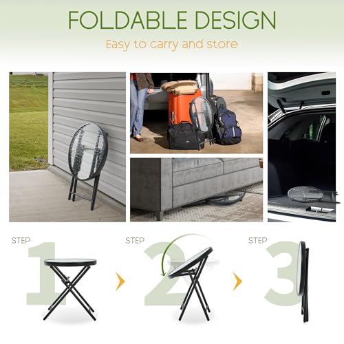 Folding Outdoor Side Table -Patio End Bistro Tables Portable Small 17.5" Round Tempered Glass Top Waterproof Dining Coffee Metal Black - color: Transparent-round
