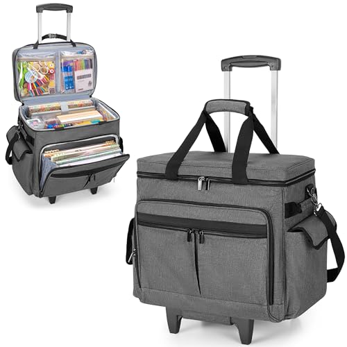 Trunab Rolling Scrapbook Tote with File Pocket & Trolley, Craft Organizer | Expandable File Pocket, Detachable Trolley, Padded Sleeves for 15.6" Laptop, Scrapbooking Supplies & Art Tools - color: Grey