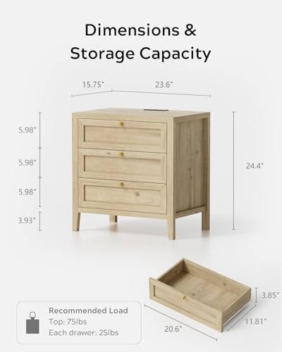 3 Drawer Nightstand Set of 2, Farmhouse Large Bedside End Table with Charging Station, Mid Century Wood Night Stand for Sofa, Bedroom, Light Oak - color: Light Oak, size: 2 PCS (3 Drawers)