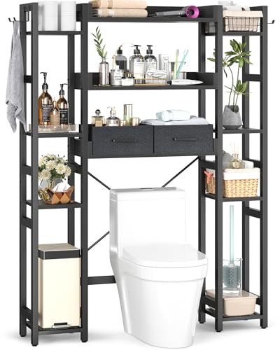 Besiost Over The Toilet Storage, 11 Tier Bathroom Organizer with Dual Side Racks and 2 Fabric Drawers, Adjustable Freestanding Rack Space Saver for Small Spaces, Black - color: Black, size: 39"W