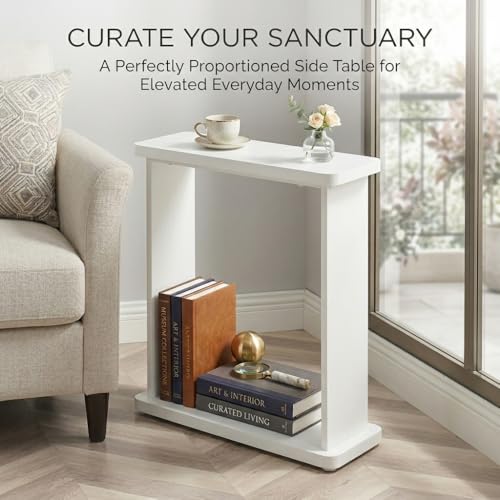 Narrow Side Table for Small Spaces, 7.9" Slim End Table with 2-Tier Open Storage Shelf, Modern Skinny Wood Sofa Table for Living Room, Bedroom, Nightstand, Couch(White) - color: White