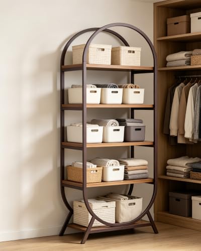 Bookshelf Arched Bookcase, 5 Tier Open Freestanding Display Shelf for Home Office, Living Room, Walnut - color: Walnut, size: 5 Tier Arched