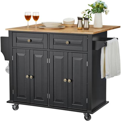 VEVOR Kitchen Island Cart, 35" Wood Top Mobile Carts with Storage Cabinet, Rolling Table with Drop Leaf, Spice Rack, Towel Bar, Adjustable Shelf, Drawer, and Hooks, Portable Islands on Wheels, Black - size: 35.4" W Drop Leaf, style: 2 Drawers & 4 Doors