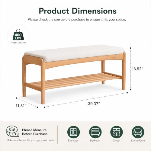 Solid Wood Shoe Bench, 40 Inch Entryway Bench with Light Gray Cushion | Wide natural oak bench with visible wood grain and soft cushion provides spacious seating with timeless modern style. - color: Natural + Light Gray Cushion, size: 39.37"