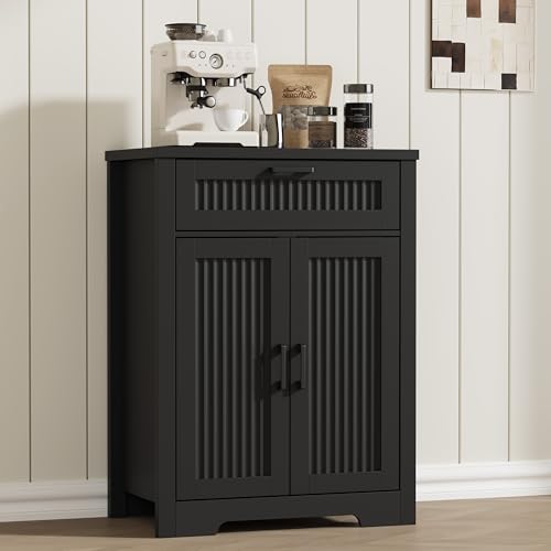 Buffet Cabinet with Storage Drawer, Farmhouse Coffee Bar Table with Storage Drawer and Adjustable Shelf, Small Fluted Sideboard Cabinet for Kitchen, Dining Room, Living Room, Entryway, Black - color: Black, size: 1 Drawers + 2 Doors
