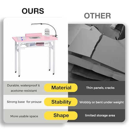 Portable Foldable Manicure Table with Dust Collector, Rolling Nail Tech Desk with LED Lamp, Wrist Rest, Lockable Wheels & Carrying Case for Home Salon, Travel & Mobile Nail Techs (Pink) - color: Pink
