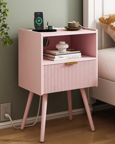 JOONEE Nightstand with Oultlet,Modern Bedside Table with Storage Drawer and Open Wood Shelf, for Living Room, Bedroom and Small Spaces, Accent Night Stand with Solid Wood Legs, Easy Assembly,Pink - color: Pink-outlet