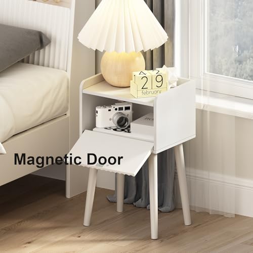 LAATOOREE Nightstand Set of 2, Small Bed Side Table with Fluted Door, End Table with Solid Wood Legs, Mid-Century Bedside Table for Bedroom Small Space - color: White, style: Fluted Style