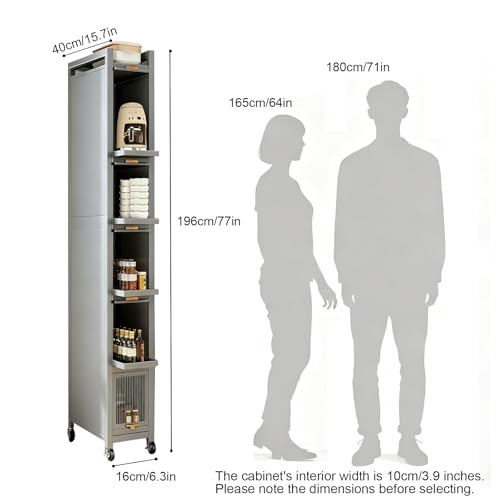 Rolling Spice Rack Next to Fridge Slim, Freestanding Narrow Tall Sideboard Shelf, with Transparent Flap Door Design, Pull Out Cabinet Organizer for Small Space Kitchen Space Saving (Grey, 6T-16cm) - size: 6T-16cm