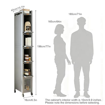 Rolling Spice Rack Next to Fridge Slim, Freestanding Narrow Tall Sideboard Shelf, with Transparent Flap Door Design, Pull Out Cabinet Organizer for Small Space Kitchen Space Saving (Grey, 6T-16cm) - size: 6T-16cm