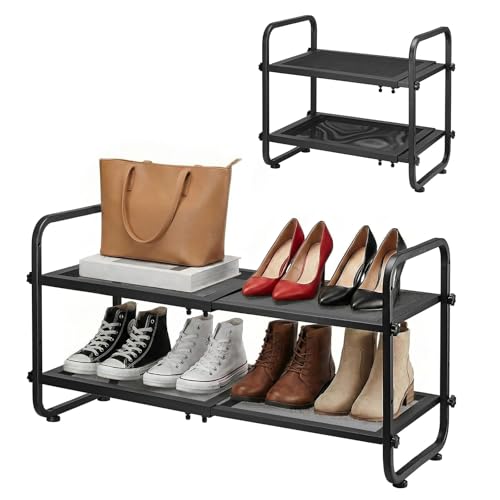 Expandable Shoe Rack for Closet,Metal Shoe Storage,Black-2 Tier | Adjustable Shoe Organizer for Entryway, Stackable Long Shoe Stand Holder for Garage, Hallway, Door Entrance - color: Black, size: 2 Tier
