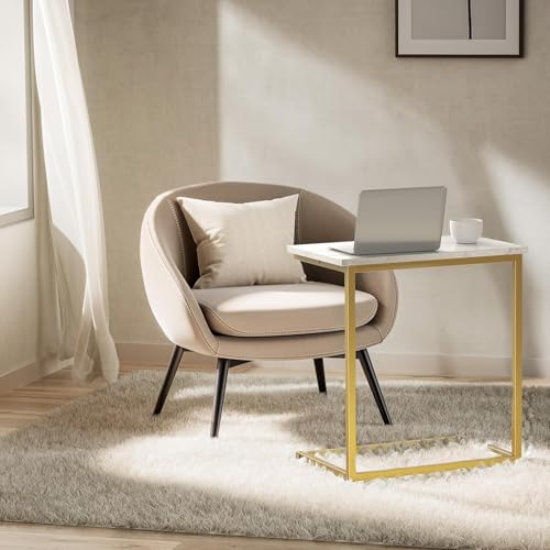 Pipishell C Shaped End Table 27 inches High, Side Table with Modern Marbling Wood Table Top for Couch Slide Under, C Table Sofa Side End Table for Living Room - color: White