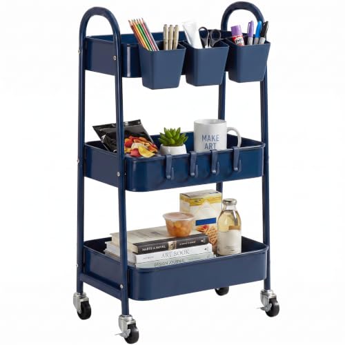 3-Tier Rolling Cart, Utility Cart Mobile Metal Rolling Storage Cart with Lockable Wheels & Hanging Cups & Hooks for Kitchen, Bathroom, Office, Workshop, Dark Blue - color: Dark Blue, size: 3 tier