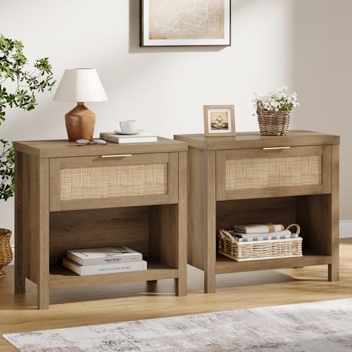 Eclatara Rattan Night Stands Set of 2, Boho Bedside Table with Drawer and Storage Shelf, Farmhouse Accent Nightstands Side Table for Bedroom Sofa Office (2, Reclaimed Caramel Oak) - color: Caramel Oak (Large 1 Drawer)