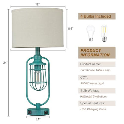 Table Lamps for Living Room End Table Set of 2, Farmhouse Lamps for Night Stands, Industrial Bedside Lamps for Bedroom with USB A+C, Bulbs Included - color: Green