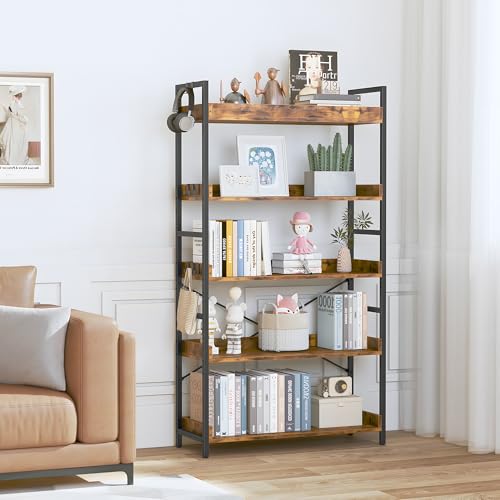 HCHQHS 5 Tier Bookshelf, Adjustable Industrial Bookcase, Vertical Tall Book Shelf, Wood and Black Metal Open Bookshelves for Home Office, Living Room, Bedroom - color: Rustic Brown, size: 5-Tier (31.5"W x 57"H)