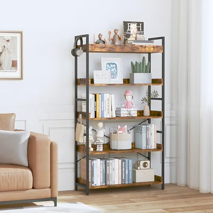 HCHQHS 5 Tier Bookshelf, Adjustable Industrial Bookcase, Vertical Tall Book Shelf, Wood and Black Metal Open Bookshelves for Home Office, Living Room, Bedroom - color: Rustic Brown, size: 5-Tier (31.5"W x 57"H)
