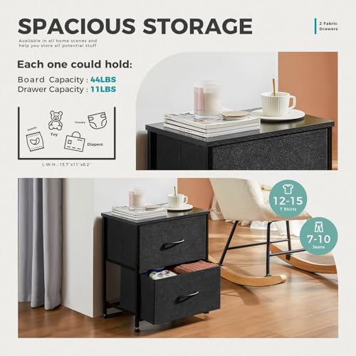 Black Nightstand with Two Drawer Side Tables Living Room 2 Drawer Dresser Bedroom End Bedside Table Cabinet with Storage Night Stand, Wooden Top Metal Frame Handle, 20'' Tall