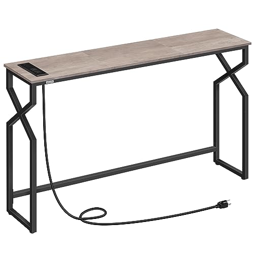 MAHANCRIS 44.9" Sofa Table, 9.4" Narrow Console Table with Charging Station, Couch Table Behind Sofa with Outlet, Entryway Table with Display Shelf, Living Room, Greige CTHG113E01 - color: Greige + Black