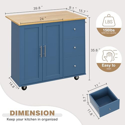 Shintenchi Kitchen Island with Folding Drop Leaf, Rolling Island Table with Storage, Kitchen Cabinet on Wheels with Seating Area for Kitchen, Bar Cart with Cabinet, Blue - color: Blue