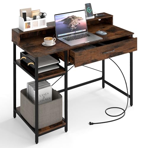 Giantex Computer Desk with Drawer, 42" Small Computer Workstation w/Charging Station & Monitor Stand, PC Laptop Desk with Storage Shelves, Writing Desk for Small Space, Home Office, Rustic Brown - color: Rustic Brown
