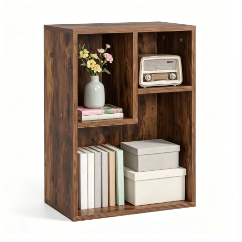 VECELO 15.7" Open Bookshelf, Waterproof Particle Board Asymmetrical Split Cubby Storage Organizer, Brown Uneven Compartment Display Cube for Tall Books, Bedroom Dorm Office - color: Brown, size: Wide