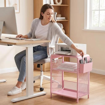 ECOLOVI 3 Tier Printer Stand for Under Desk, Height Adjustable Shelf Small Printer Table with 3 S-Hooks & Basket, Heavy Duty Industrial Storage Shelf for Home Office (Pink) - color: Pink
