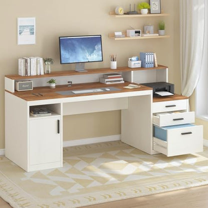 YOMILUVE 65 Inch Computer Desk with 3 Drawers & Storage Shelves, Executive Desk with File Drawer & Cabinet, Home Office Desk with Long Monitor Stand & Printer Shelf, Antique White - color: Antique White