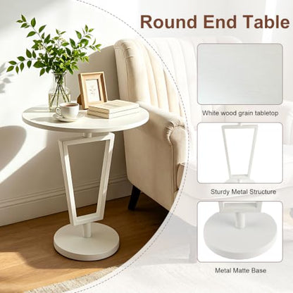 Lightdot White Round Side Table Modern End Table for Small Space Heavy Duty Metal Base Accent Table Nightstand for Living Room Bedroom Coffee-Easy Assemble - color: White-t