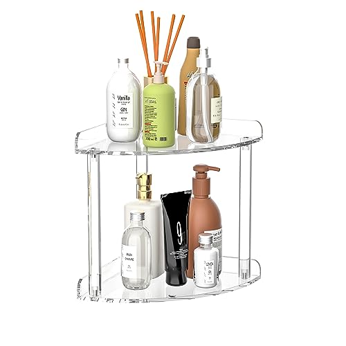 Sezanrpt 2 Tier Countertop Corner Organizer Shelf 7x7x8 Inch, Acrylic Bathroom Organizer Corner Shelf for Countertop, Clear Vanity Storage Organizer for Skincare, Cosmetics, Perfume - color: Clear, size: 7x7x8.3 Inch