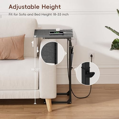 C-Shaped End Tables Set of 2 with Charging Station, 33'' Tall C Table Adjustable Height Side Table for Couch, Small Couch Table that Slide Under Sofa, TV Trays for Living Room, Gray Walnut - color: 2pc Gray Walnut, style: With Plug