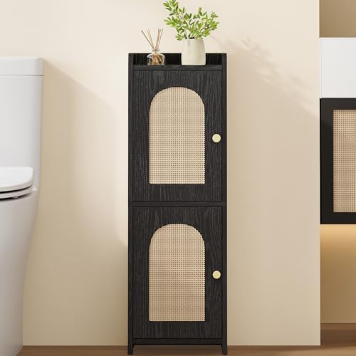 Hzuaneri Bathroom Storage Cabinet, Small Corner Floor Cabinet with 2 Doors and Adjustable Shelf, Narrow Toilet Paper Cabinets, Bathroom Organizer for Small Spaces, 7.9" D x 9.8" W x 29.5" Rattan Black - color: Rattan Black, size: 7.9"D x 9.8"W x 29.5"H