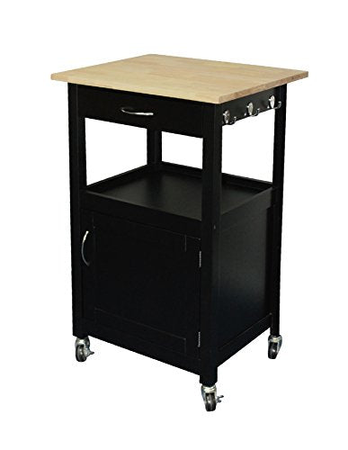 eHemco Kitchen Island Cart on Wheels, Black Base, Natural Hardwood Top | Drawer, Storage Cabinet, Shelf - color: Black