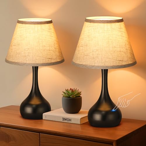 Touch Table Lamp for Bedroom Set of 2, 3-Way Dimmable Bedside Lamp for Nightstand, 17” Farmhouse Metal Desk Lamp with Linen Shade for Living Room, Kids Reading, Dorm, Home Office Decor, Bulb Included - color: Black, size: 2 PACK