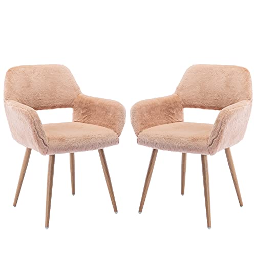 KCC Desk Chair No Wheels Makeup Vanity Chair for Living Room,Set of 2,Camel | Faux Fur Chair Modern Dining Room Arm Chairs Mid-Century Accent Upholstered Club Guest Chair with Metal Tube Legs for Kitchen - color: Camel, size: Set of 2