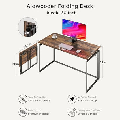 31.5" Folding Desk: No Assembly, Wood Top for Small Spaces | Home office desk, holds 150 lbs, folds flat to 2.3 in, splash-proof wood top, sturdy metal frame - color: Rustic Brown, size: 31.5"W x 15.7"D