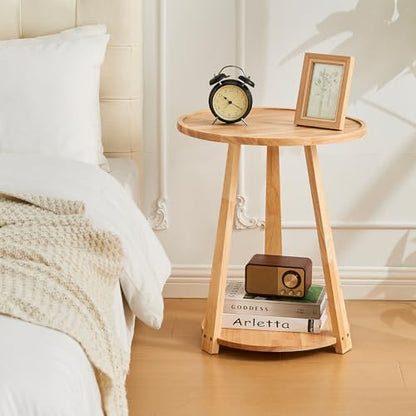 Uniclinens Wood Round End Table - Small Round Side Table with Lower Shelf for Living Room Sofa Couch, Bedroom Wooden Nightstand, Walnut - color: Natural, style: Style 7