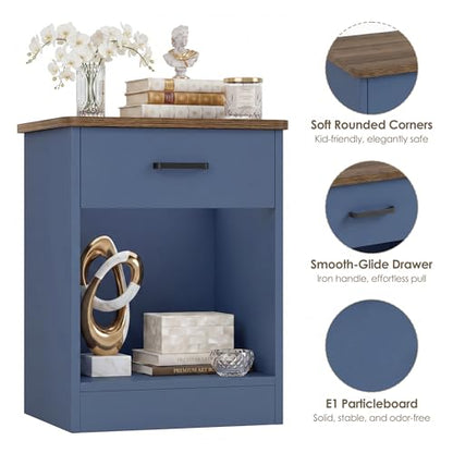 Keyluv Nightstand with Drawer and Open Shelf, Bedside Table for Bedroom, Modern Style Sofa Side Table with Storage, End Table for Home Office, Hallway, Small Spaces, Blue
