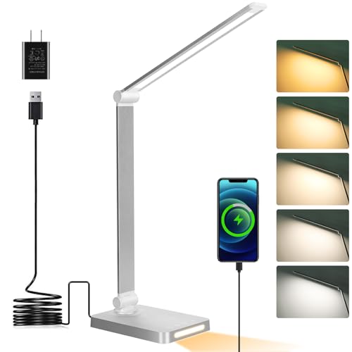 Dott Arts LED Desk Lamp with USB Ports,Touch Desk Lamps for Home Office with 5 Color Modes,3 Brightness Desk Light with Small Night Light,Reading Lamp Table LED Lamp for Bedroom Bedsid Study Sliver - color: Silver