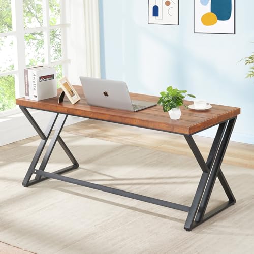 Real Wood Computer Desk, Home Office Solid Wood Writing Desk, Farmhouse Long Natural Wood Executive Work Desk, Industrial Rustic Wooden Metal PC Gaming Office Table Workstation, Brown, 60 in - size: 60 inch