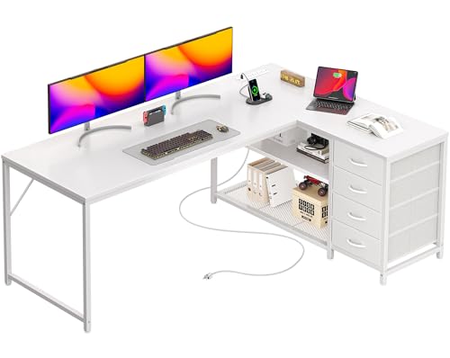 PRAISUN 53" L Shaped Desk with Power Outlets & USB-C Port, Reversible Computer Corner Office Desk with 4 Fabric Drawers and 2 Storage Shelves, Large Desk for Gaming Writing Work Study, White - color: White, size: 53 Inch