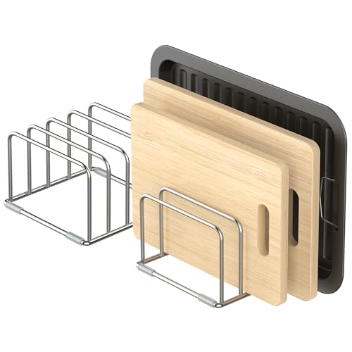 KORRTFID Cutting Board Holder Stand, Chopping Board Storage Rack, Cutting Board Organizer, 304 Stainless Steel Chopping Board Holder, Cookie Sheets Organizer 1.0+1.2 Inch Width Slots (2 PCS) - size: 1.0+1.2 in Slot (2pcs)