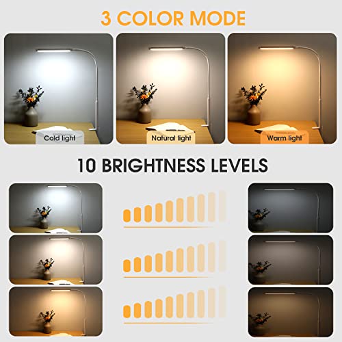 Voncerus LED Desk Lamp with Clamp, Eye-Caring Clip on Lights for Home Office, 3 Modes 10 Brightness, Long Flexible Goose-Neck, Metal, Swing Arm Architect Task Table Lamps with USB Adapter, White - color: S1 White and Silver