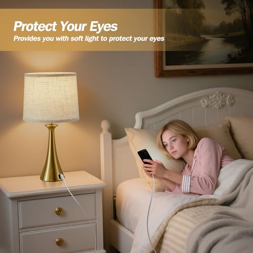 Touch Lamp for Living Room Bedroom, 21" Table Lamps Set of 2 with USB C+A Ports, Touch Bedside Lamps for Nightstand with 3 Way Dimmable, 2 LED Bulbs Included, Gold - color: Gold 2pcs
