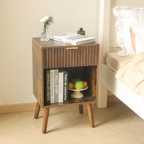 Fultyle Mid Century Modern Nightstand with Charging Station, Modern Bedside Table with Fluted Drawer and Storage Shelf, End Side Tables Living Room for Bedroom, Office (Rustic Brown) - color: Rustic Brown With Charging Station