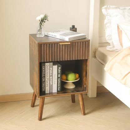 Fultyle Mid Century Modern Nightstand with Charging Station, Modern Bedside Table with Fluted Drawer and Storage Shelf, End Side Tables Living Room for Bedroom, Office (Rustic Brown) - color: Rustic Brown With Charging Station