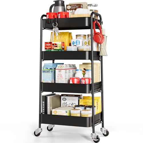 TOOLF 4 Tier Metal Rolling Cart, Utility Storage Cart with Wheels, Black | Screwless Assembly, Lockable Metal Wheels, Trolley Organizer for Bathroom, Kitchen, Office, Dorm, Laundry, Craft Room - color: Black, size: 4-Tier