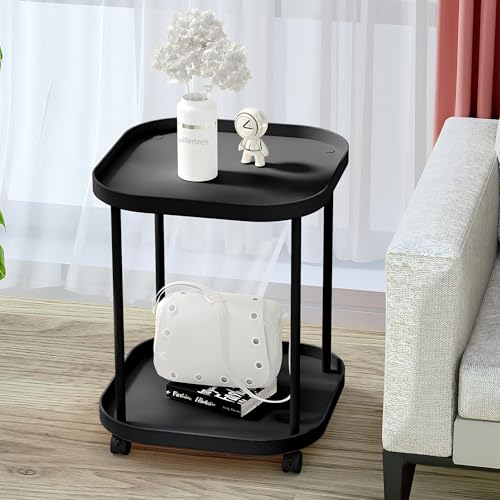 Side Table with Wheels, End Table Living Room Plastic Mobile Sofa Side Table Small Night Stand Bedroom Black (2 Pack) - color: Black, size: 2 Pack
