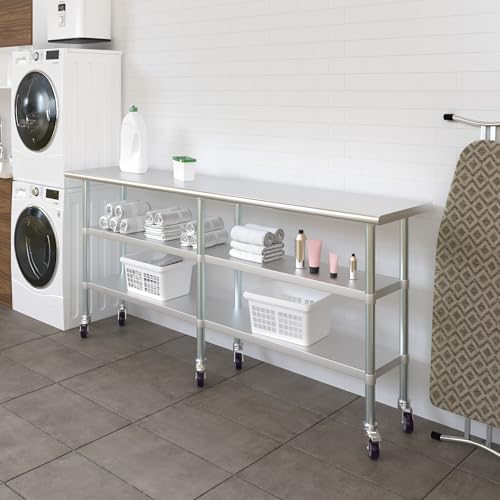 AmGood Stainless Steel Work Table with 2 Shelves and Casters | Metal Utility Table On Wheels (Stainless Steel Work Table with 2 Shelves + Casters, 84" Long x 18" Deep) - size: 84" Long x 18" Deep