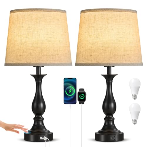 Bedside Table Lamp Touch Control Bedroom Lamps with USB A + C Charging Port 3 Way Dimmable Touch Lamps for Nightstand Living Room Bedroom Dorm Home Office Reading, Set of 2 (Beige Shade & Black Base) - color: Beige Shade & Black Base